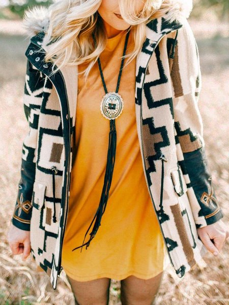 

Zipper Loose Geometric Boho Overcoat, Khaki, Coats