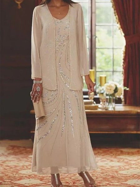 Women's Elegant Dress Two-Piece With Jacket, Light khaki, Suit Set