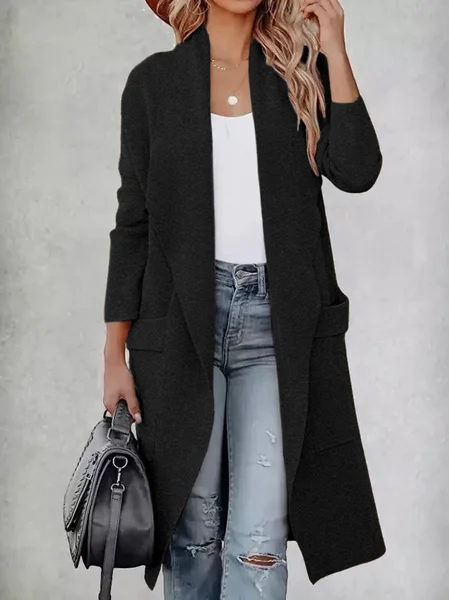 

Women Long Sleeve Lapel Open Front Long Woolen Cardigan with Pockets, Black, Coats