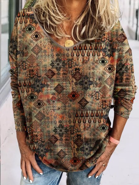 

V Neck Geometric Boho Loose Ethnic T-Shirt, Multicolor, T-Shirts