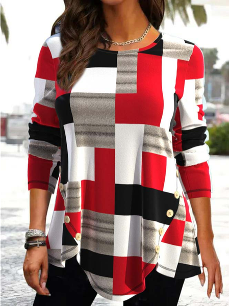 

Casual Asymmetric Hem Geometric Print Red T Shirt, Multicolor, T-Shirts