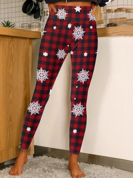 

Women Snowflake Plaid Simple Leggings, Red, Leggings