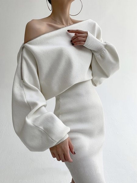 

Cold Shoulder Elegant Plain Long Sleeve Mini Dress, White, Midi Dresses