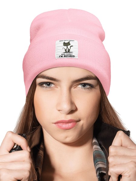 

What Day Is Today Who Cares Im Retired Black Cat Funny Graphic Beanie Hat, Pink, Hats