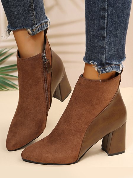 

Stylish Patchwork Pointed Toe Chunky Heel Booties, Brown, Boots