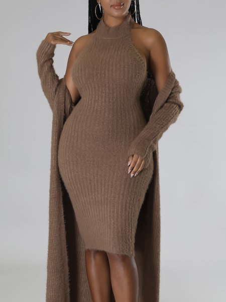 

Tight Sleeveless Elegant Plain Mini Dress, Coffee, Midi Dresses