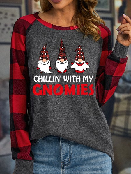 

Chillin' With My Gnomies Women's Christmas Long Sleeve Buffalo Plaid T-Shirt, Gray, Long sleeves