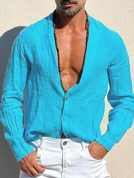 

Clean color long sleeve shirt, casual style cotton linen lapel shirt, As picture, Long Sleeve Shirts