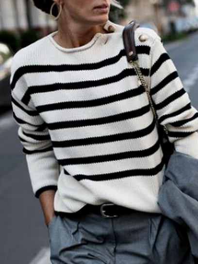 

Color block Striped button pullover sweater, Black-white, Sweaters