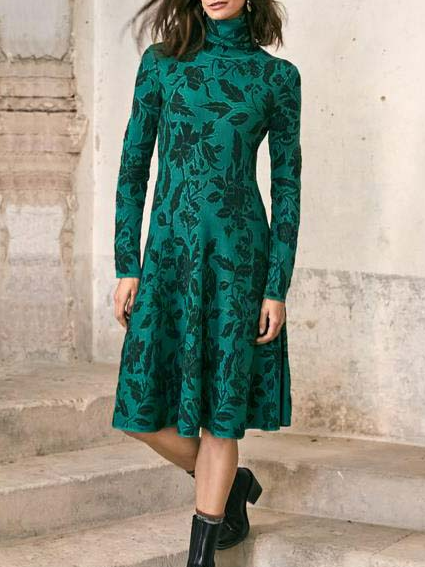 

Floral Regular Fit Turtleneck Dresses, Green, Midi Dresses
