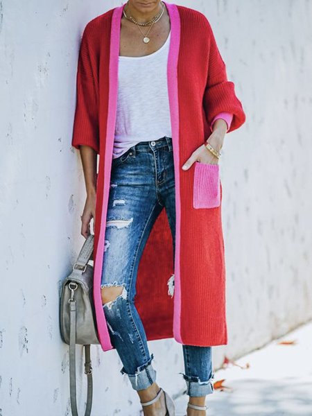 

Long sleeve Regular Fit Color Block Sweater Coat, Rose red, Cardigans