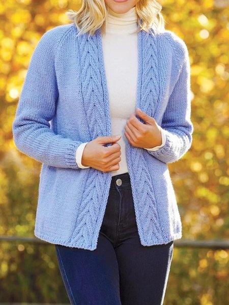 

Casual V Neck Plain Sweater Coat, Blue, Cardigans