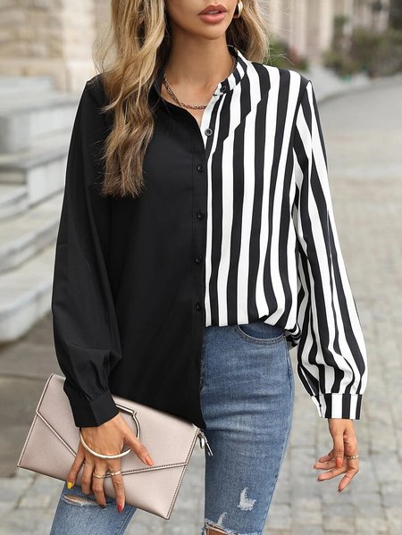 

Striped Contrast Loose Long Sleeve Shirt, Black, Blouses & Shirts