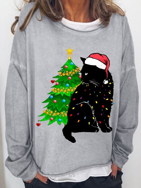 

Womens Black Cat Christmas Light Funny Cat Lover Christmas Crew Neck Letters Sweatshirt, Light gray, Hoodies&Sweatshirts