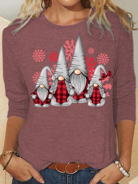 

Women's Christmas Gnomes Print Crew Neck Tops, Rose red, Long sleeves