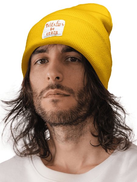 

Witches Be Crazy Brooms Halloween Letters Beanie Hat, Yellow, Hats