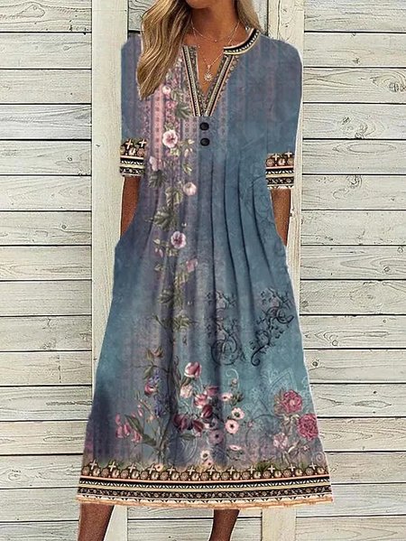 

Floral V Neck Casual Jersey Dress, Blue, Dresses