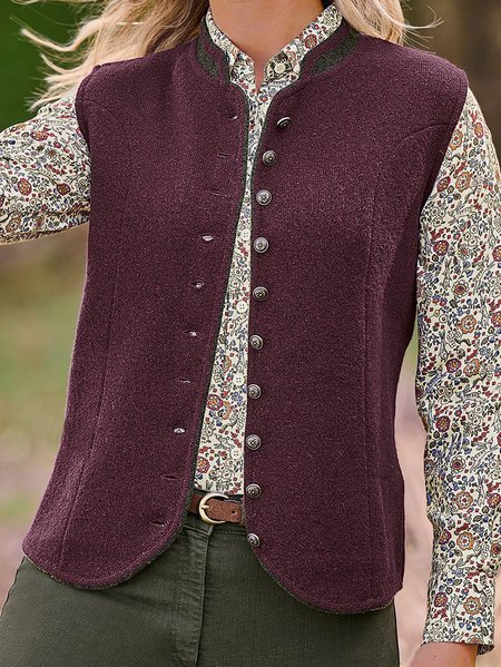 

Buttoned Casual Plain Cotton-Blend Vest, Wine red, Outerwear