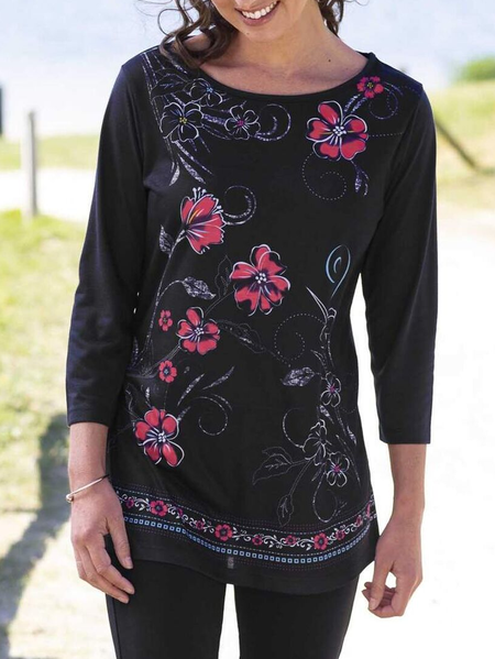 

Floral Loose Crew Neck Casual T-Shirt, Black, Tops
