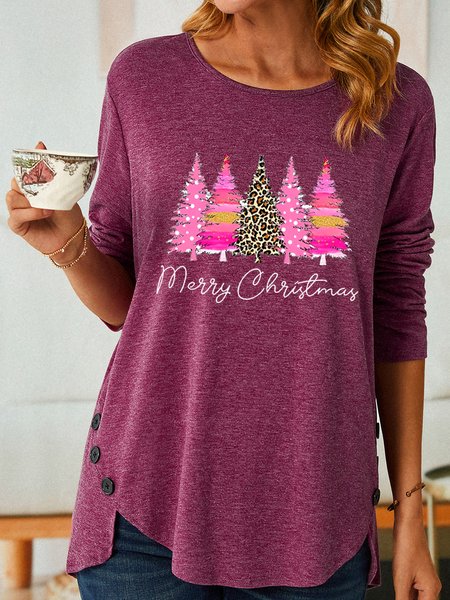 

Women's Merry Christmas Tree Loose Casual Crew Neck Top, Wine red, Long sleeves