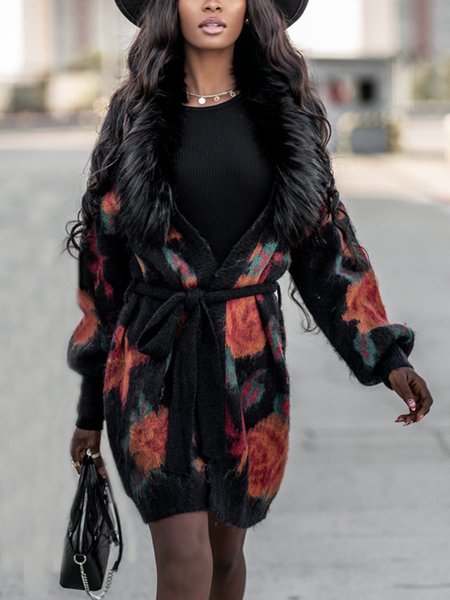 Elegant Floral Long Sleeve Sweater Coat, Black, Cardigans
