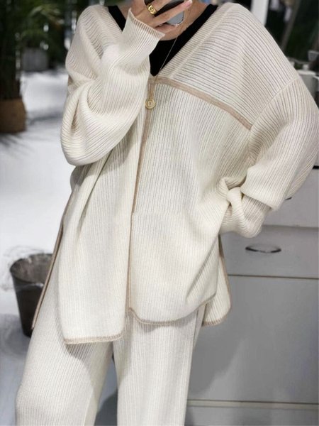 

White Long sleeve Color Block Crew Neck Sweater, Pullovers