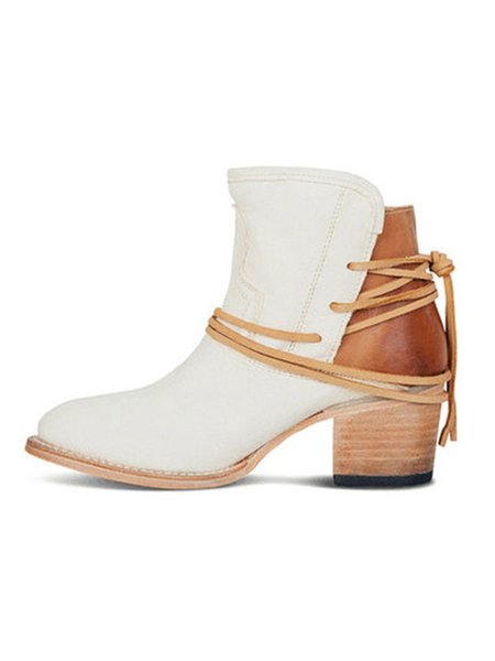 

Women's Vintage Paint Lace-Up Chunky Heel Booties, Beige, Boots