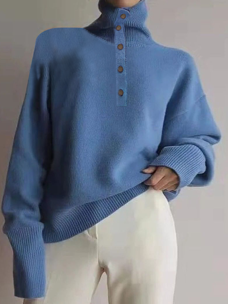 

High Elasticity Plain Loose Turtleneck Long sleeve Sweater, Blue, Pullovers