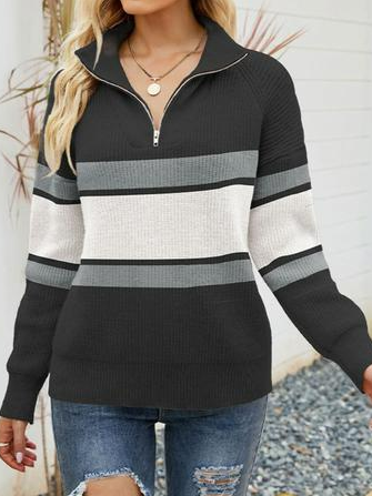 

Contrast-paneled Zip-collar Loose Knitted Sweater, Black, Sweaters & Cardigans