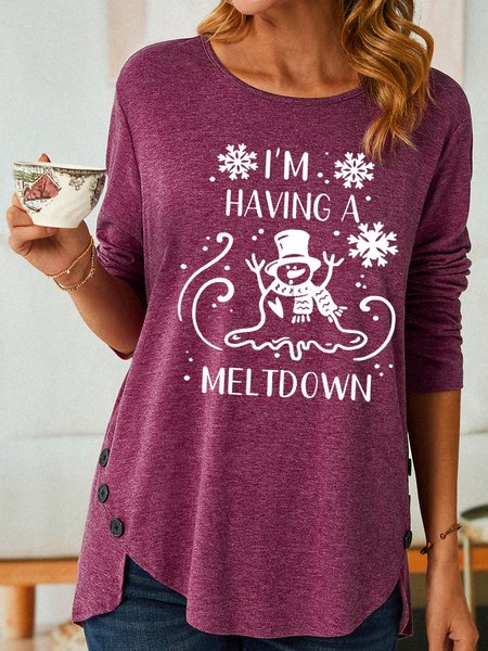 

Women's I'm Having A Meltdown Funny Snowman Casual Loose Cotton-Blend Top, Wine red, Long sleeves