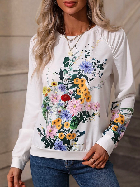 

Crew Neck Floral Loose Sweatshirts, White, Sweatshirts & Hoodies
