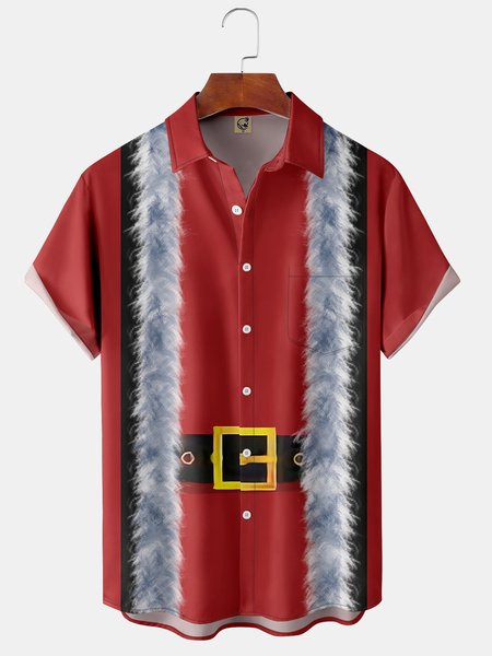 

Christmas Pocket Short Sleeve Shirt Casual Hawaiian Collection Red Print Top, Short Sleeve Shirts