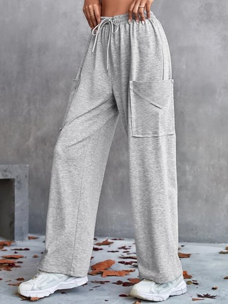

Solid Rubber Waist Pocket Drawstring SweatPants palazzo Pants/wide leg Pants, Gray, Pants