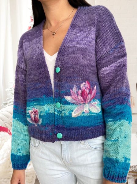 

Casual V Neck Yarn/Wool Yarn Sweater Coat, Purple, Cardigans