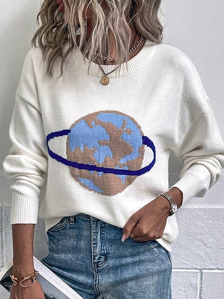 

Casual Cute Earth Pattern Loose Pullover Sweater, White, Sweaters