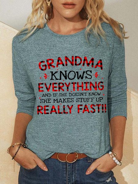 

Women Grandma Knows Everything Perfect Gift For Grandma Plaid Simple Crew Neck Tops, Purple, Long sleeves