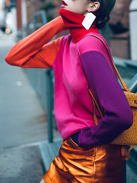 

Daily Long sleeve Turtleneck Color Block Sweater, Rose red, Pullovers