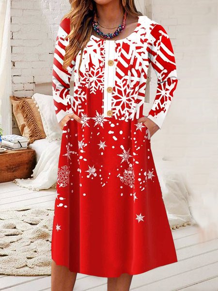 Casual Snowflake Regular Fit Dresses, Red, Mini Dresses