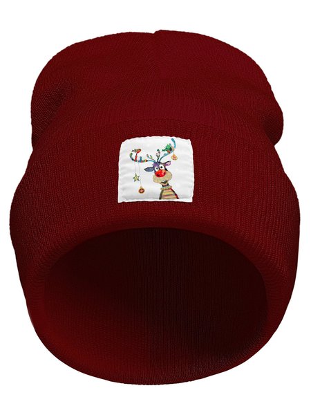

Christmas Reindeer Graphic Beanie Hat, Wine red, Hats