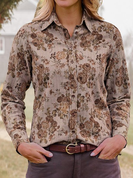 

Shirt Collar Ethnic Floral Blouse, Khaki, Blouses & Shirts