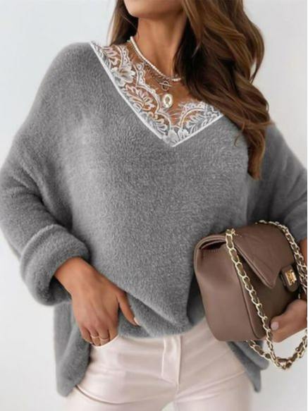 

Loose Casual Plain Lace Sweater, Gray, Sweaters