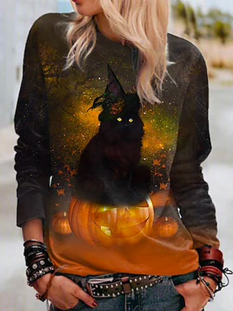 

Cat Crew Neck Halloween Casual Loose Sweatshirt, Multicolor, Sweatshirts & Hoodies