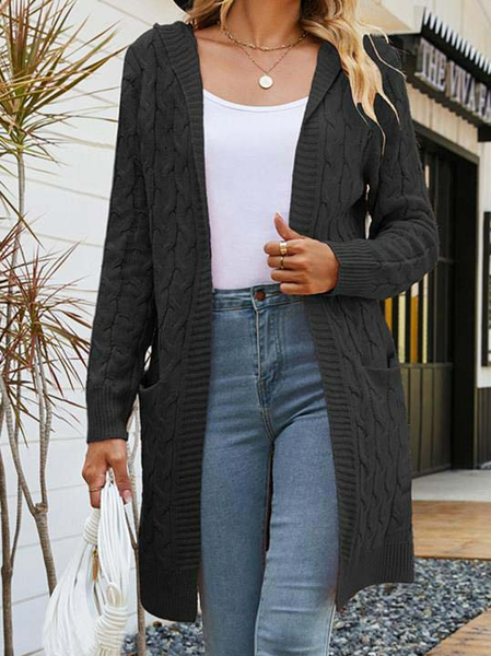 

Vintage Solid Hooded Pocket Long Sleeve Sweater Cardigan, Black, Sweaters
