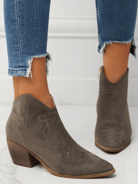 

Soft Faux Suede Pointed Toe Chunky Heel Booties, Deep gray, Boots
