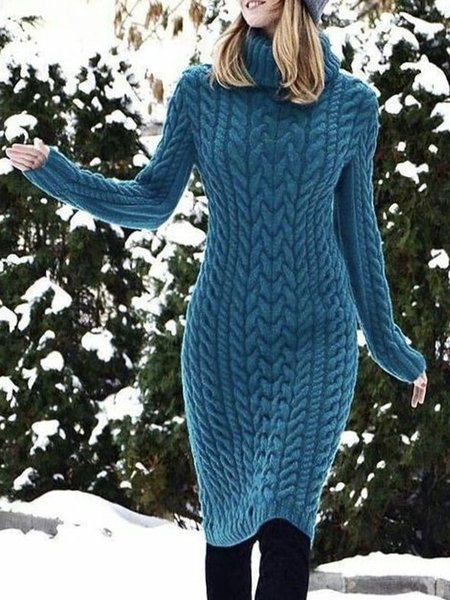 

Plain Turtleneck Long Sleeve Sweater Dress, Blue, Midi Dresses
