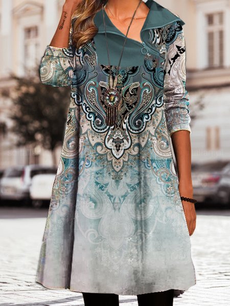 

Casual Ethnic Floral Zip Collar Long Sleeve Dress, Green, Dresses