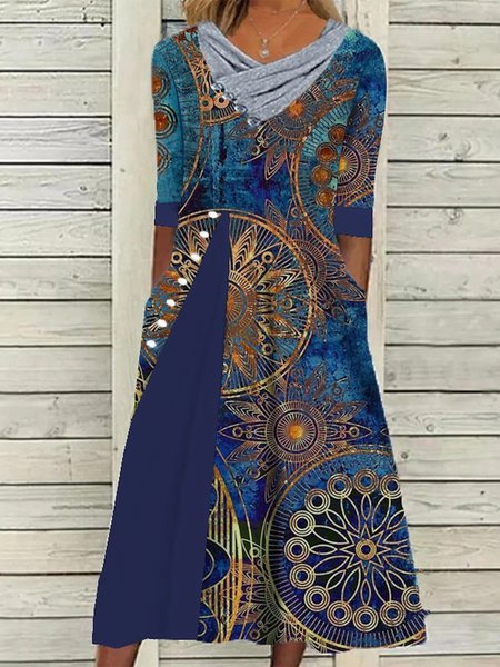 

Women's A Line Dress Midi Dress Blue Half Sleeve Print Patchwork Print Fall Winter Cross V Neck Dress, Dresses