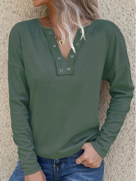 

Plain V Neck Casual Loose Tops, Green, Tops