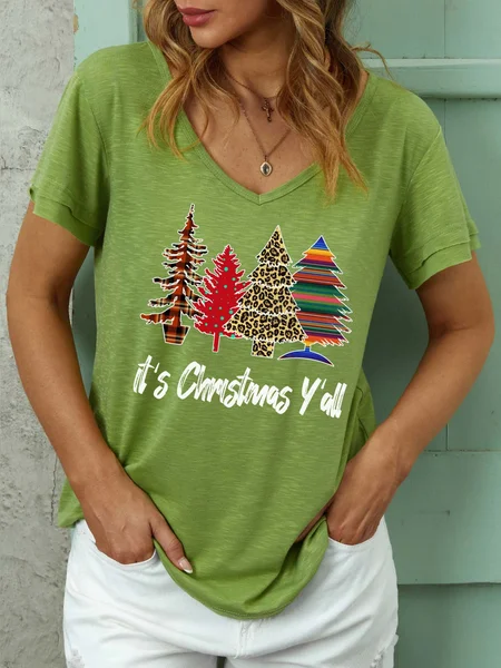 

Women Christmas Tree V Neck Christmas Casual T-Shirt, Green, T-shirts