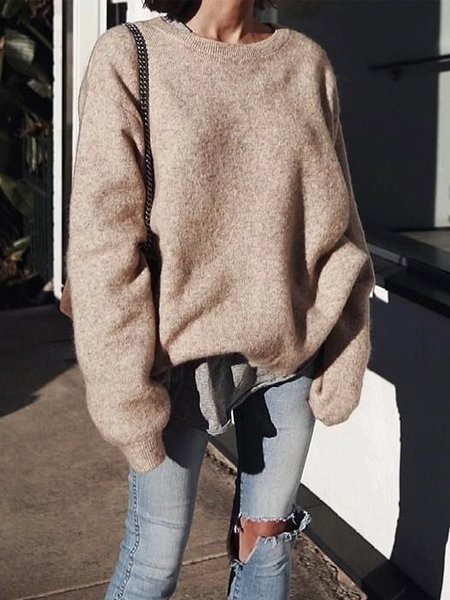 

Loose Casual Plain Long Sleeve Sweater, Apricot, Pullovers